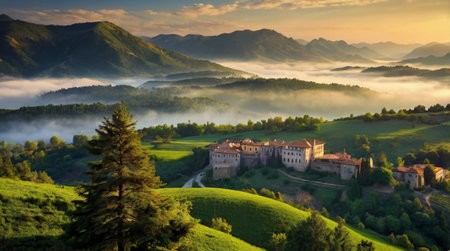 Foggy morning in Tuscany, Italy. Panoramaの写真素材
