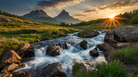 Mountain river at sunset. Beautiful summer landscape with a mountain river.の写真素材