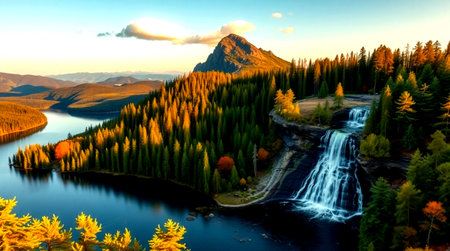Autumn landscape with a waterfall on the mountain lake. Siberia, Russiaの写真素材
