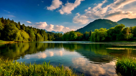 Beautiful lake in the mountains at sunset. Beautiful summer landscape.の写真素材