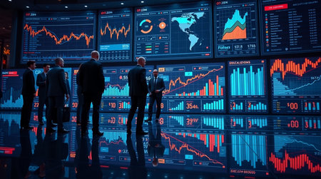 Businessmen analyzing stock market data on digital screen. Business and finance concept.