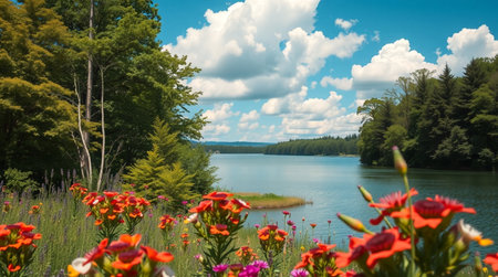 Landscape with blue lake and green forest. Nature background. Panoramaの写真素材