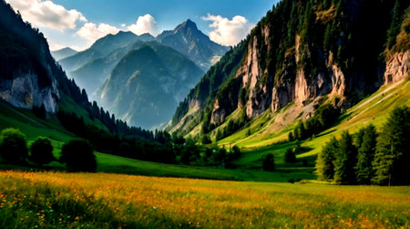 panoramic view of alpine meadow with wildflowersの写真素材