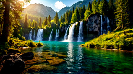 Waterfall in the mountains. Beautiful landscape with waterfall in the mountains.の写真素材