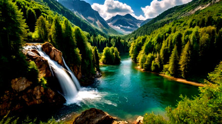 Panoramic view of a mountain river with a waterfall in the backgroundの写真素材