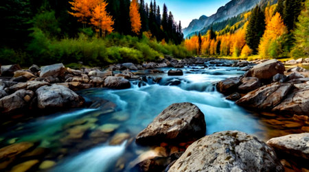 Mountain stream in the autumn forest. Panoramic view.の写真素材