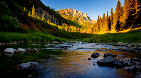 Mountain river in the evening. Panoramic view of a mountain river.