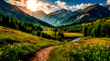 Beautiful summer landscape in the mountains. Panoramic view.