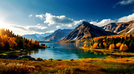 panoramic view of beautiful alpine lake in autumn, Switzerlandの写真素材