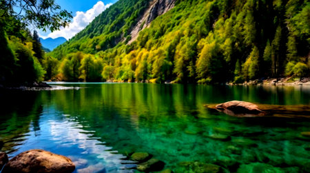Mountain lake with clear water and green forest. Beautiful nature scene.の写真素材