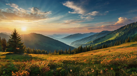 Majestic sunset in the mountains landscape. Dramatic sky. Carpathian, Ukraine, Europe. Beauty world.