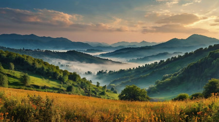 Foggy morning in the Carpathian mountains, Ukraine.