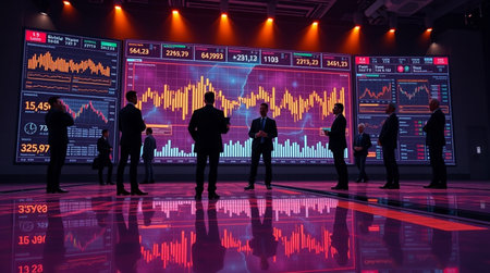 Silhouettes of business people standing in front of monitor with stock market chart.