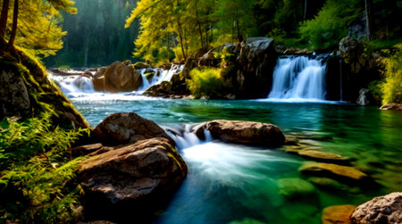 Beautiful waterfall in the forest on a sunny summer day. Landscape.の写真素材
