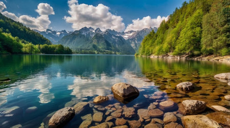 Panoramic view of the mountain lake in the Austrian Alps.
