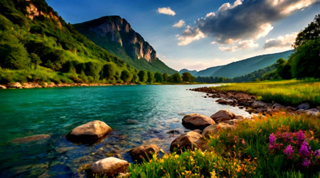 Landscape with mountain river and blue sky with clouds. Nature composition.