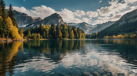 Panoramic view of Dolomites lake in autumn, Italyの写真素材
