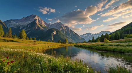 Panoramic view of alpine meadow and mountains at sunsetの写真素材