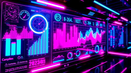 Futuristic user interface with glowing graphs and charts. 3d rendering