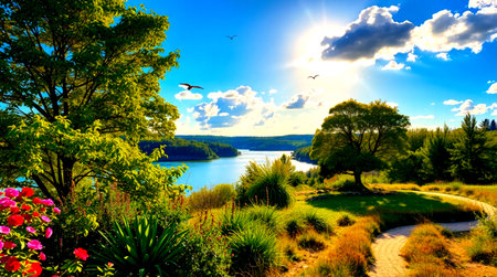Scenic view of the lake and the forest at sunset. Beautiful nature landscape.の写真素材