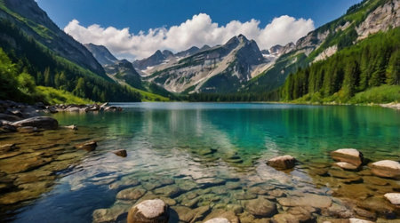 Beautiful mountain lake with crystal clear water and high mountains in backgroundの写真素材