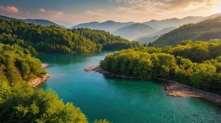 Aerial view of beautiful mountain landscape with turquoise lake and green forest.の写真素材