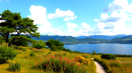 Landscape of Lake Ohrid, Macedonia, Europe. Beautiful nature background.の写真素材