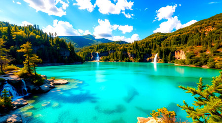 Beautiful alpine lake with turquoise water in mountains.の写真素材
