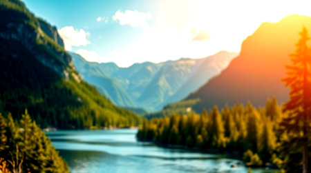 Blurred view of alpine lake and forest on sunny day.の写真素材