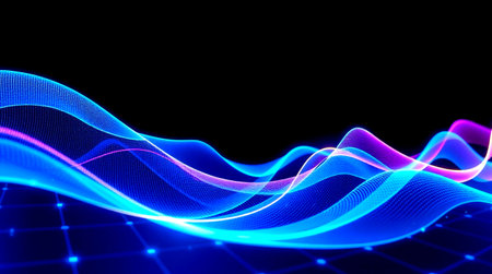 abstract blue wave on black background. 3d rendering, 3d illustration.の写真素材