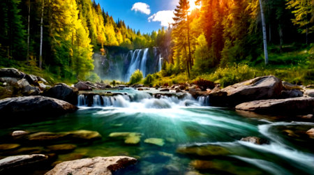 Waterfall in the Altai mountains, Siberia, Russia. Beautiful summer landscape.