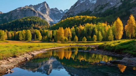 Mountain lake in the Dolomites in autumn, Italy.の写真素材
