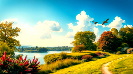 Beautiful landscape with lake and trees in the park. Composition of nature.の写真素材