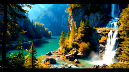 Waterfall in the Swiss Alps. Panoramic view of the mountains and the lake.の写真素材