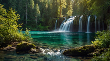 Beautiful mountain waterfall in the forest. Waterfall in the mountains.の写真素材