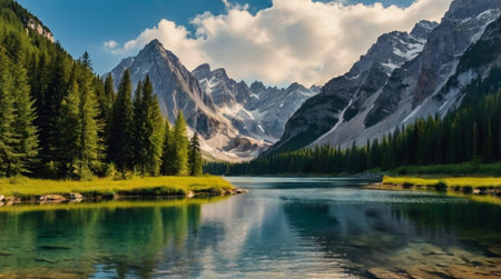 Panoramic view of lake and mountains in Dolomites, Italy