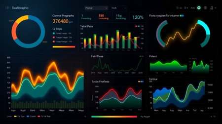 Futuristic user interface with charts and graphs. Vector illustration.の写真素材