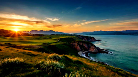 Beautiful sunset over the sea and green grass on the beach.の写真素材