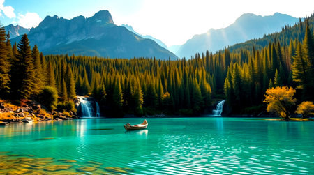 Beautiful alpine lake with clear turquoise water and mountain in backgroundの写真素材
