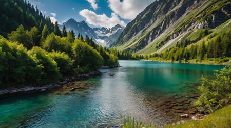 Panoramic view of idyllic turquoise alpine lake in Alpsの写真素材