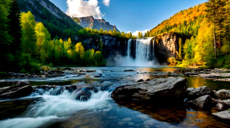 Waterfall in the Alps. Panoramic viewの写真素材