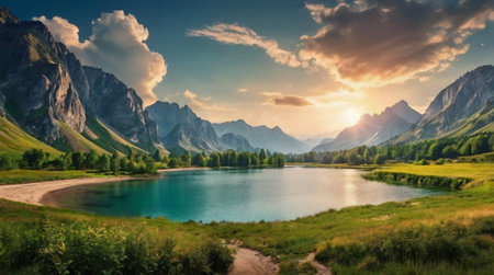 Panoramic view of the lake in the mountains. Beautiful summer landscape.