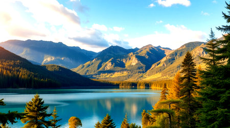 Mountain lake at sunset, Canadian Rockies, Alberta, Canada.の写真素材
