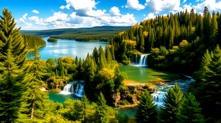 Waterfall in the forest. Beautiful landscape of mountain lake and forest.