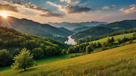Beautiful summer landscape with river and meadow in the mountains.の写真素材