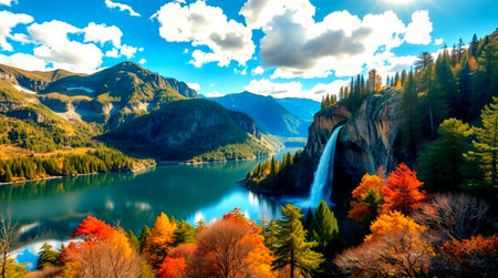 Beautiful autumn landscape with mountain lake and waterfall in the mountains.の写真素材