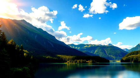Mountain lake and blue sky with clouds. Beautiful summer landscape.の写真素材
