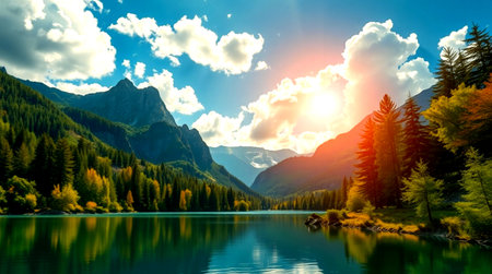 Mountain lake in the autumn season. Fantastic view of the lake.の写真素材