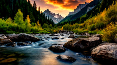 Mountain river in the Dolomites at sunset. Italy.