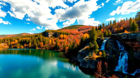 Mountain lake with colorful autumn forest and blue sky with white clouds